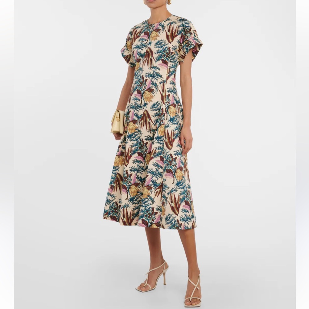 Ulla Johnson Cream Tropical Palm Print Midi Dress